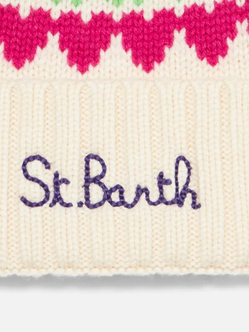 Berretto da donna bianco con stampa cuori fair isle
