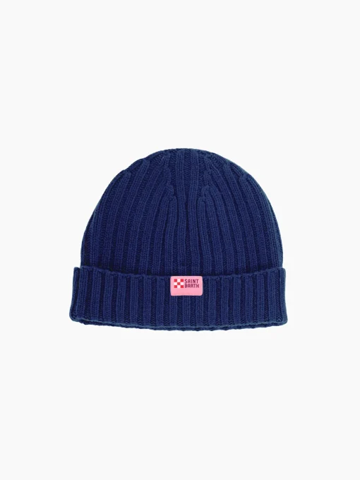 Berretto da donna blu navy misto Cashmere ricamo Bombardino rosa