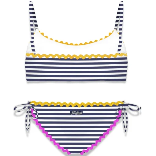 Bikini da bambina a bralette con righe blu navy