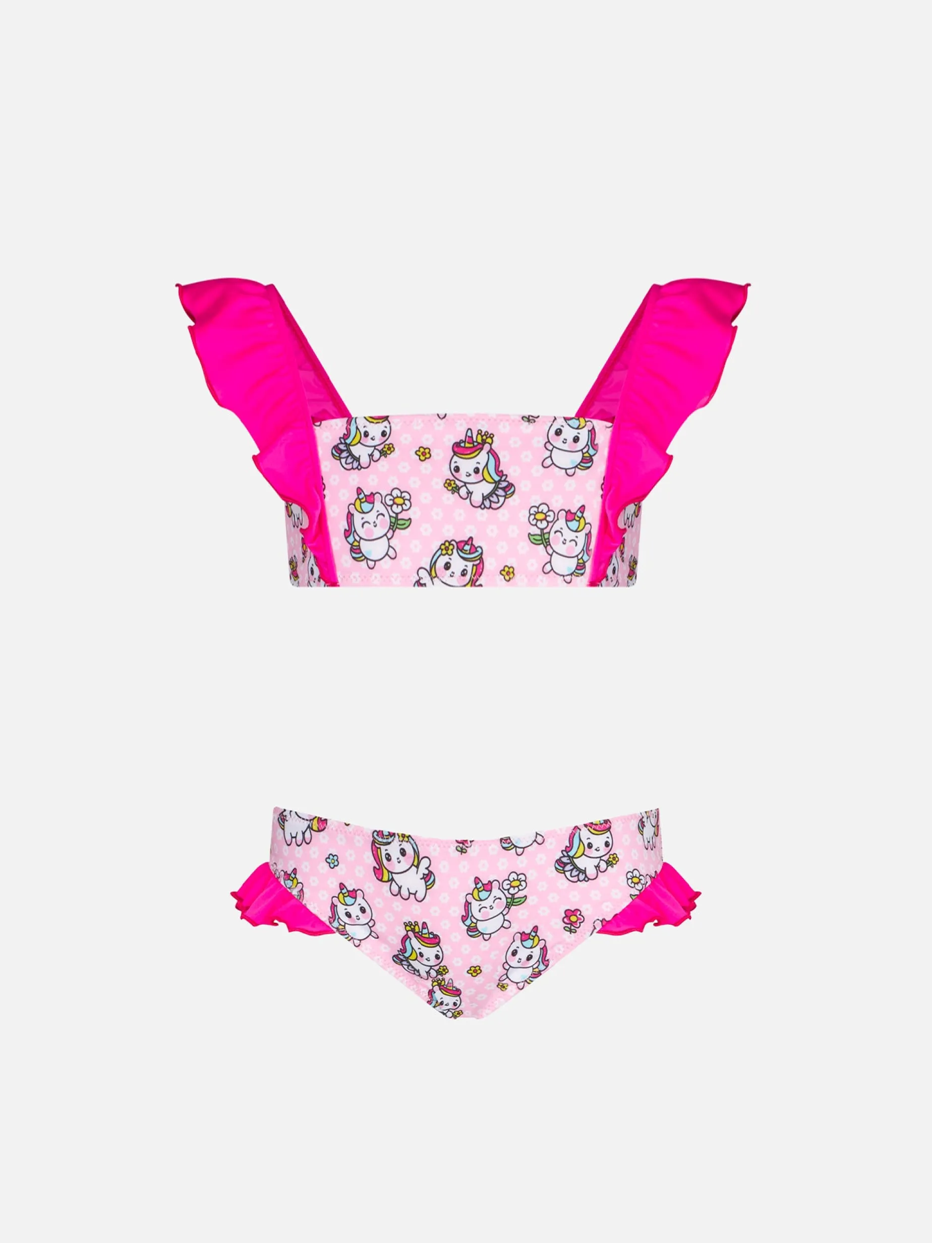 Bikini da bambina a fascia con volant e stampa unicorni