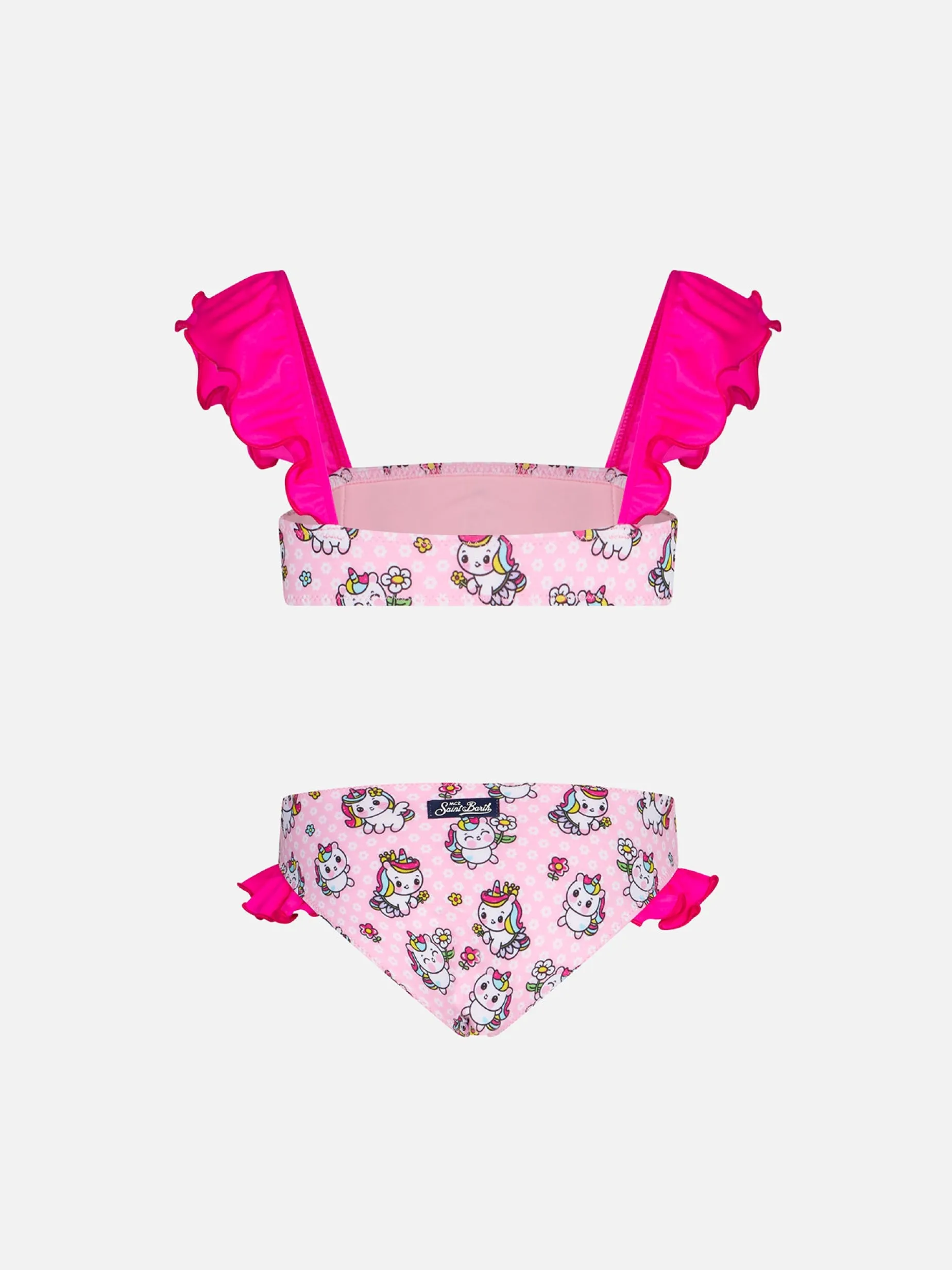 Bikini da bambina a fascia con volant e stampa unicorni