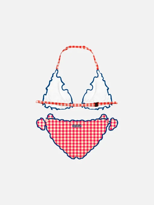 Bikini da bambina a triangolo con stampa vichy rossi