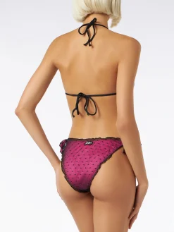 Bikini fucsia lucido con tulle nero a pois