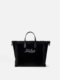 Borsa a mano Mini Vanity in velluto nero con logo Saint Barth in strass