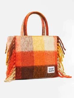 Borsa a spalla coperta Vanity con check multicolor e frange