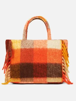 Borsa a spalla coperta Vanity con check multicolor e frange