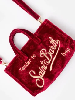 Borsa per telefono in velluto bordeaux con ricamo del logo Saint Barth