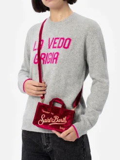 Borsa per telefono in velluto bordeaux con ricamo del logo Saint Barth