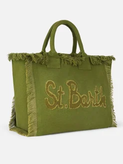 Borsa tote Vanity in tela di cotone verde militare con toppa con logo