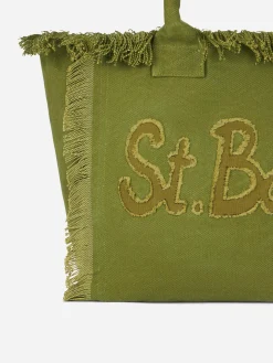 Borsa tote Vanity in tela di cotone verde militare con toppa con logo