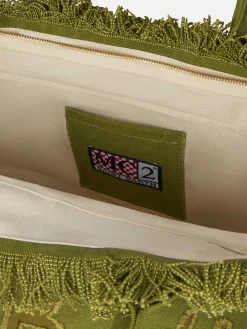 Borsa tote Vanity in tela di cotone verde militare con toppa con logo