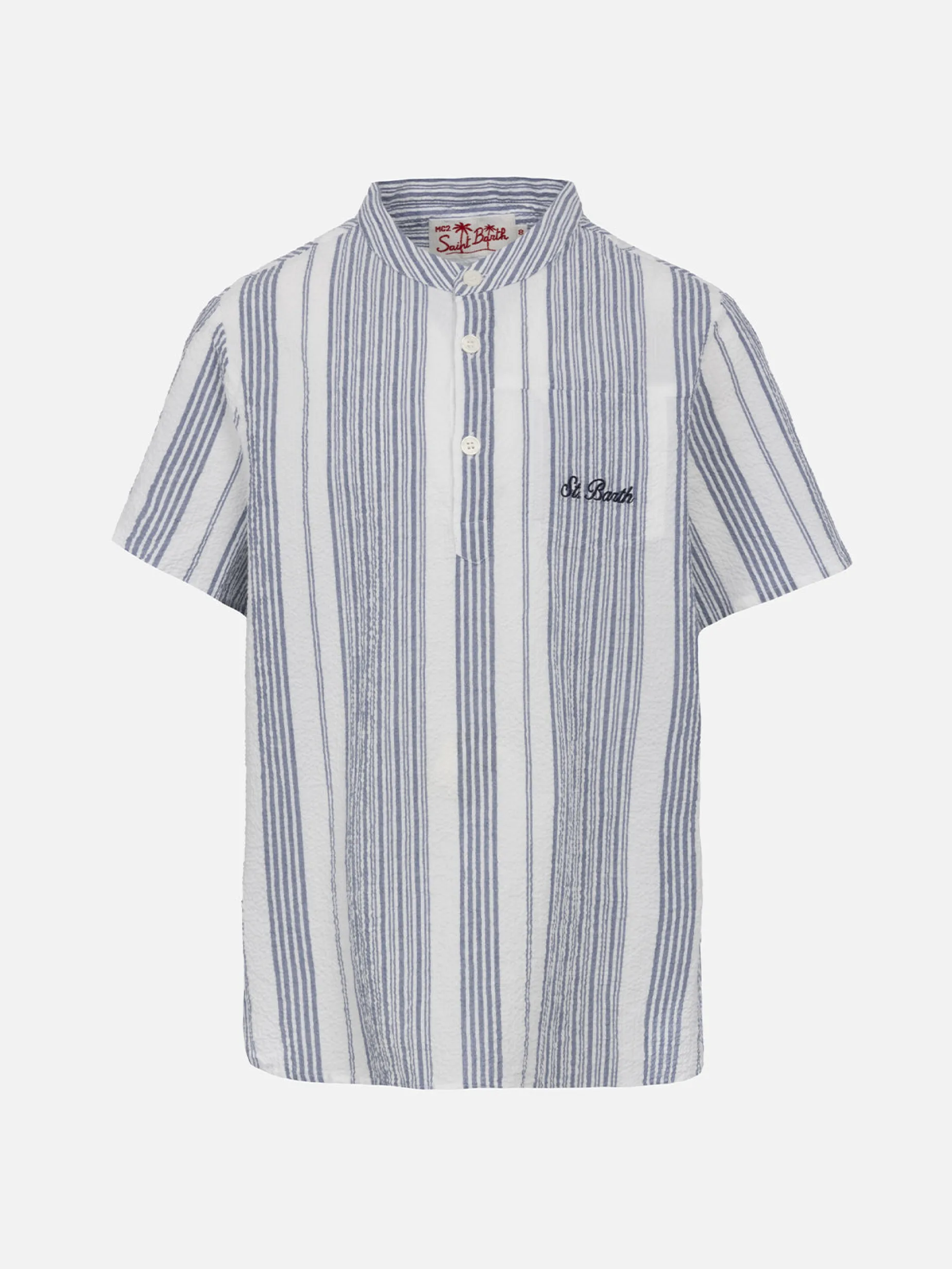Camicia da bambino in seersucker a maniche corte con stampa a righe