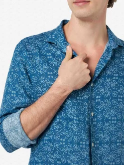 Camicia da uomo in lino blu navy Pamplona con stampa Sashiko