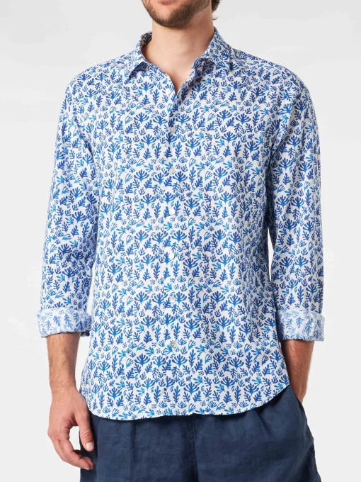 Camicia da uomo Sikelia in mussola di cotone con stampa foglie blu