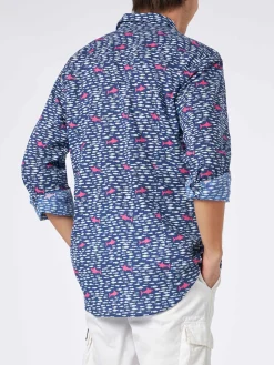 Camicia da uomo Sikelia in mussola di cotone con stampa di pesci e squali