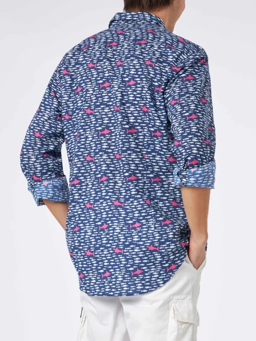 Camicia da uomo Sikelia in mussola di cotone con stampa di pesci e squali