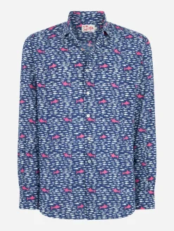 Camicia da uomo Sikelia in mussola di cotone con stampa di pesci e squali