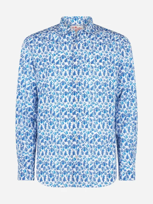 Camicia da uomo Sikelia in mussola di cotone con stampa foglie blu