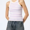 Canotta da donna in cotone rigato lilla e bianco sporco in maglia a costine