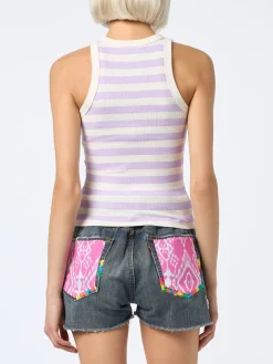 Canotta da donna in cotone rigato lilla e bianco sporco in maglia a costine