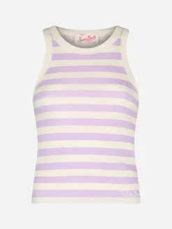 Canotta da donna in cotone rigato lilla e bianco sporco in maglia a costine