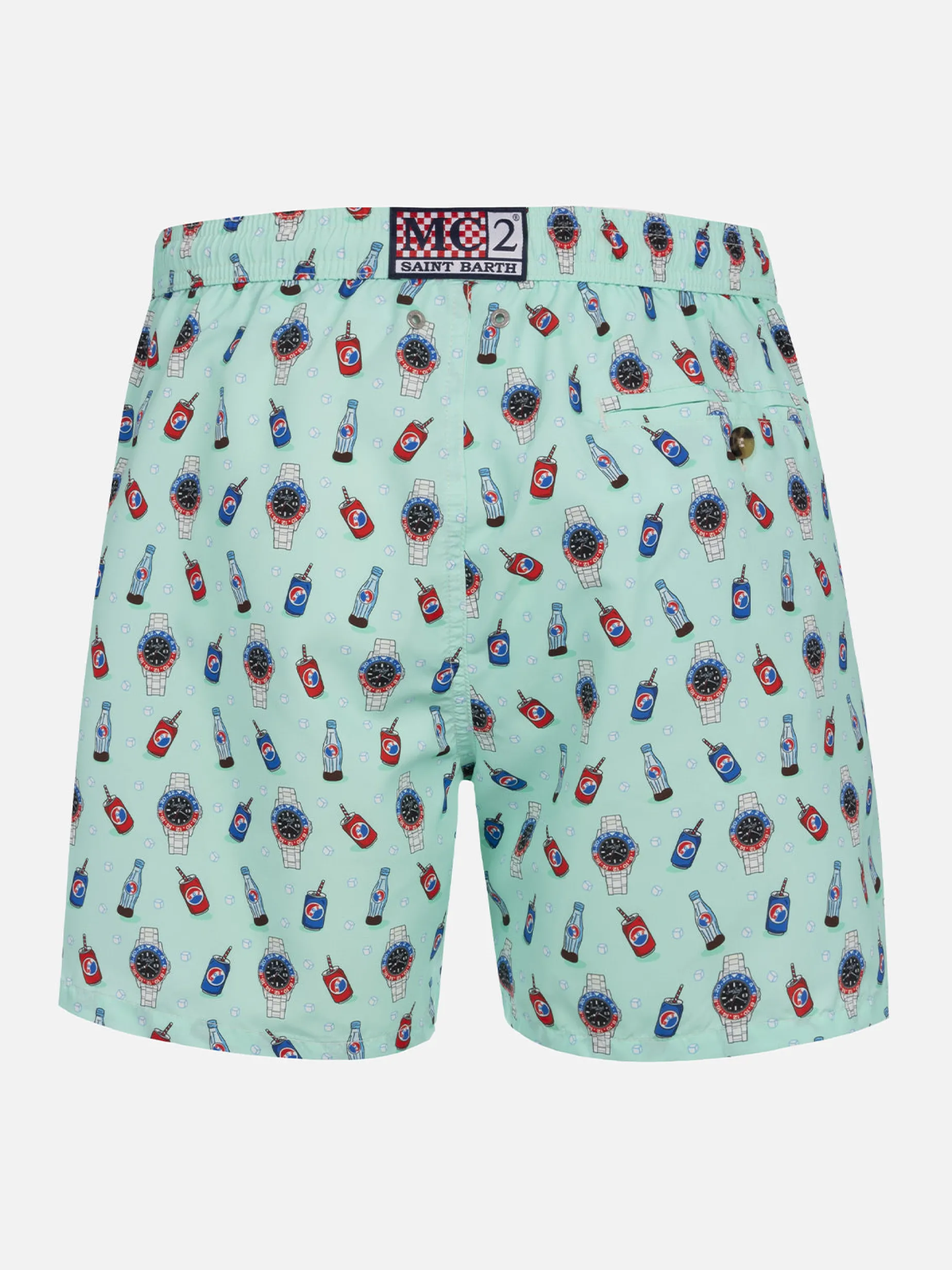 Costume da bagno da uomo in tessuto leggero Lighting Micro Fantasy con stampa orologi e bevande