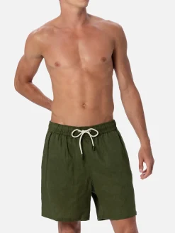 Costume da bagno da uomo di media lunghezza in lino verde militare Gustavia