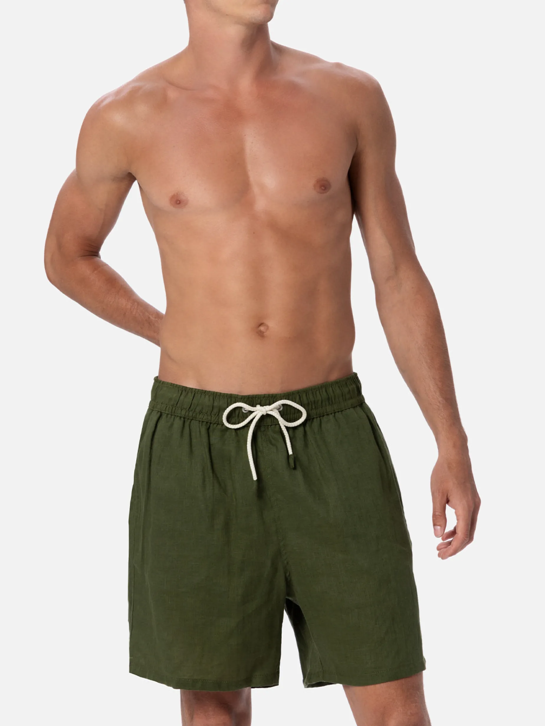 Costume da bagno da uomo di media lunghezza in lino verde militare Gustavia