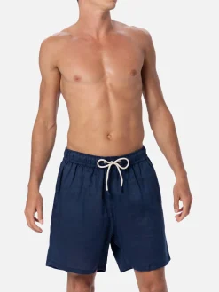 Costume da bagno da uomo di media lunghezza in lino blu navy Gustavia