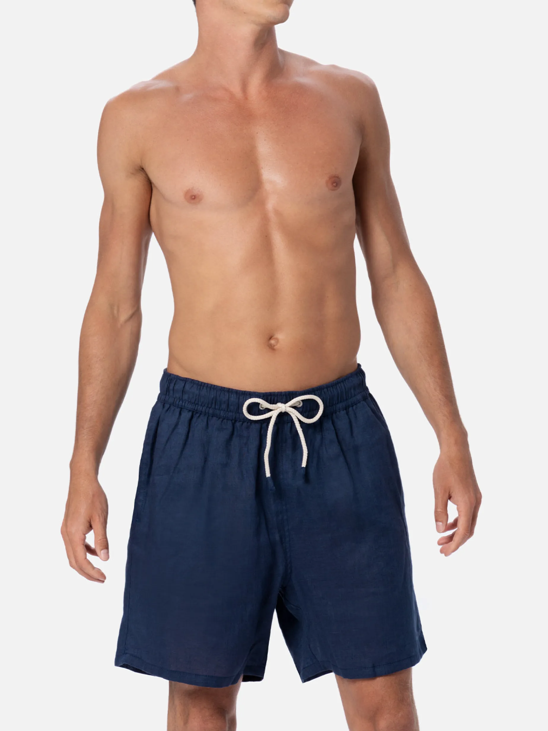 Costume da bagno da uomo di media lunghezza in lino blu navy Gustavia