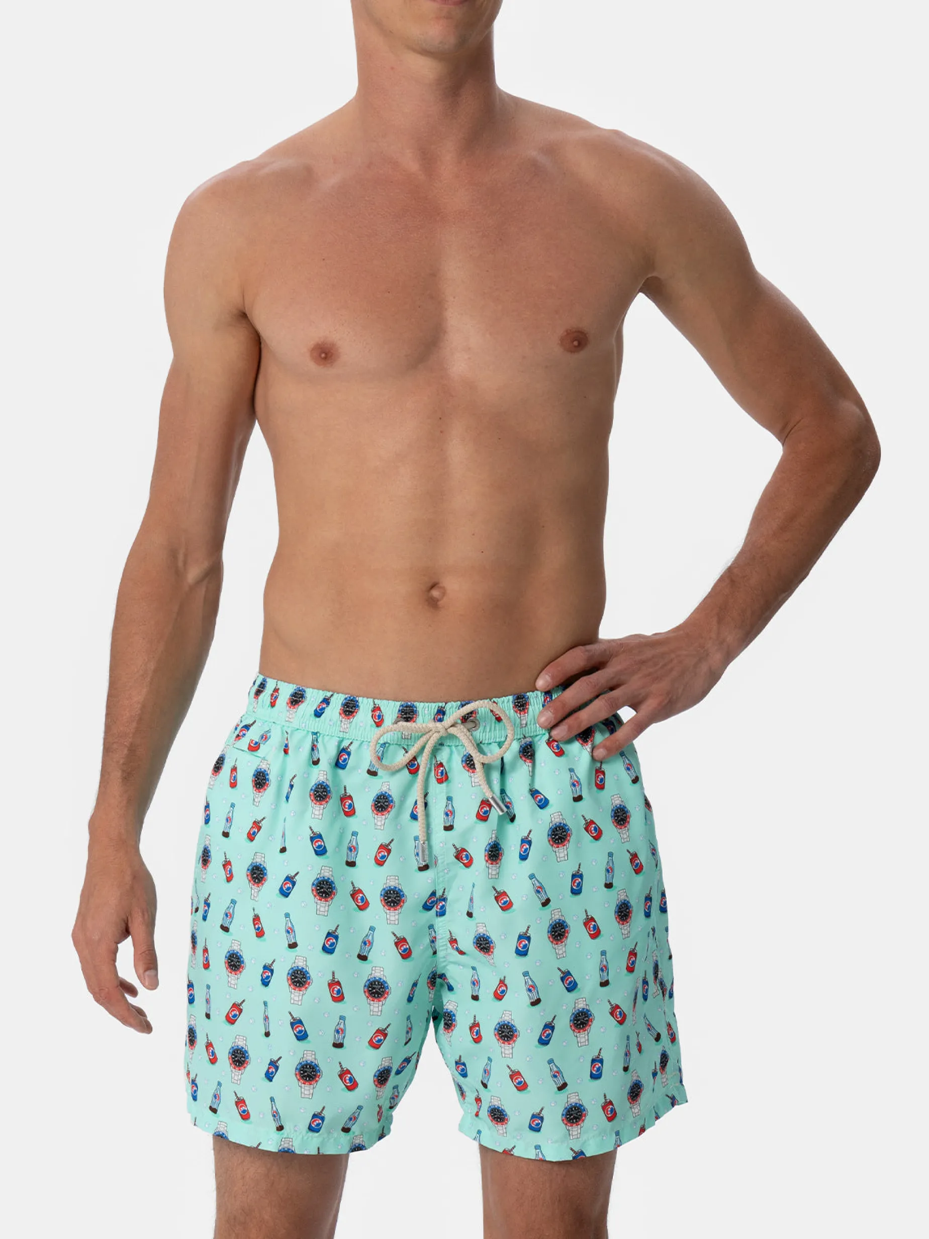 Costume da bagno da uomo in tessuto leggero Lighting Micro Fantasy con stampa orologi e bevande