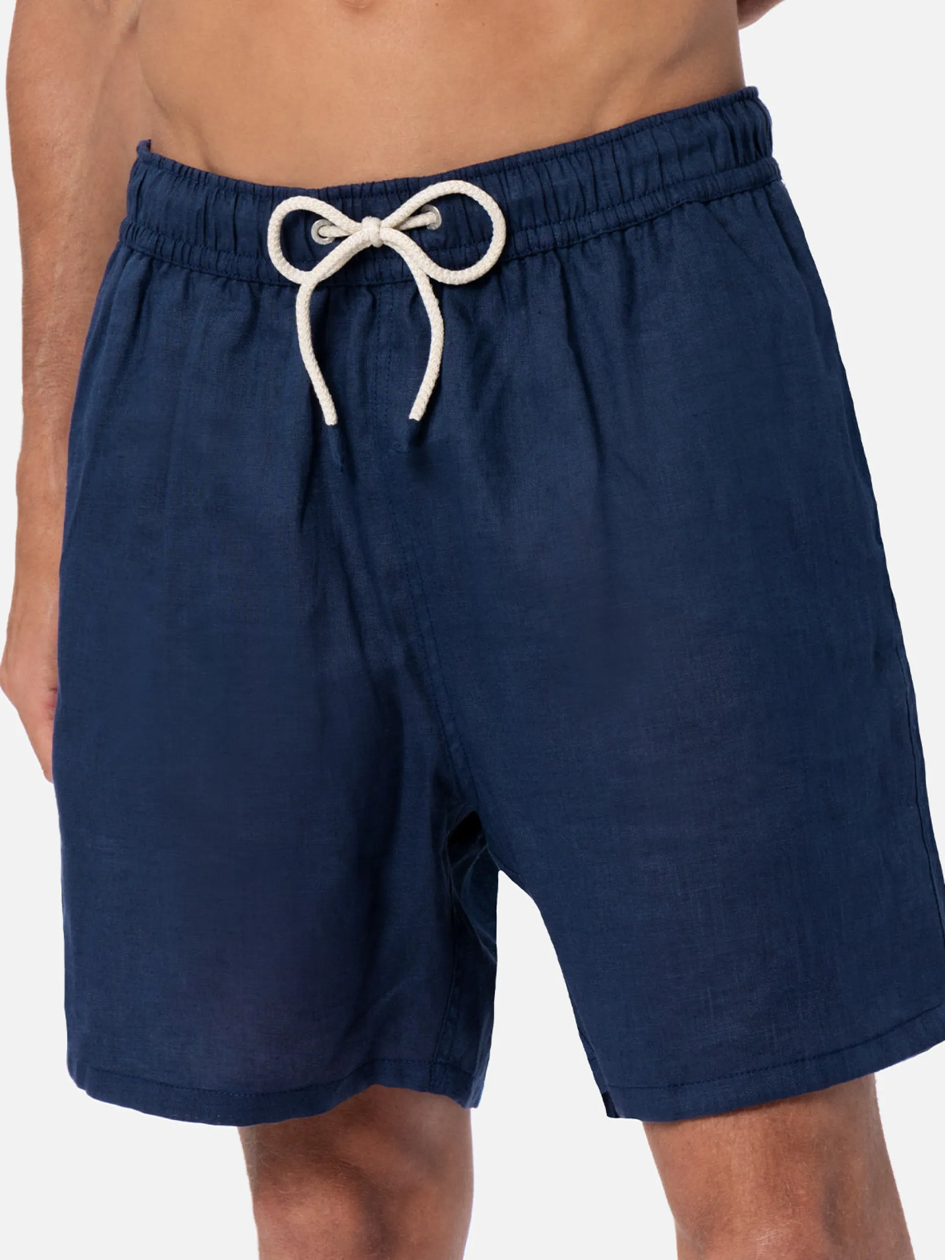Costume da bagno da uomo di media lunghezza in lino blu navy Gustavia