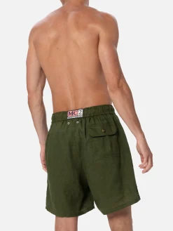 Costume da bagno da uomo di media lunghezza in lino verde militare Gustavia