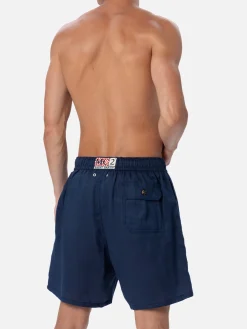 Costume da bagno da uomo di media lunghezza in lino blu navy Gustavia