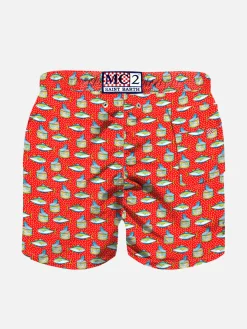 Costume da bagno rosso chiaro da bambino stampa micro scatola di tonno