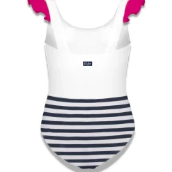 Costume intero arricciato stampa cuore fenicottero