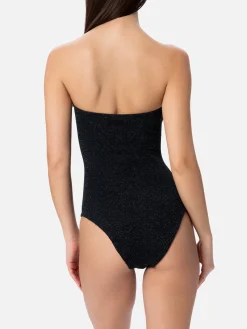 Costume intero da donna senza spalline in lurex nero Soleil