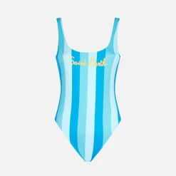 Costume intero da donna stampa righe azzurre e bluette