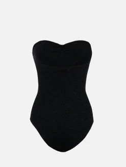 Costume intero da donna senza spalline in lurex nero Soleil