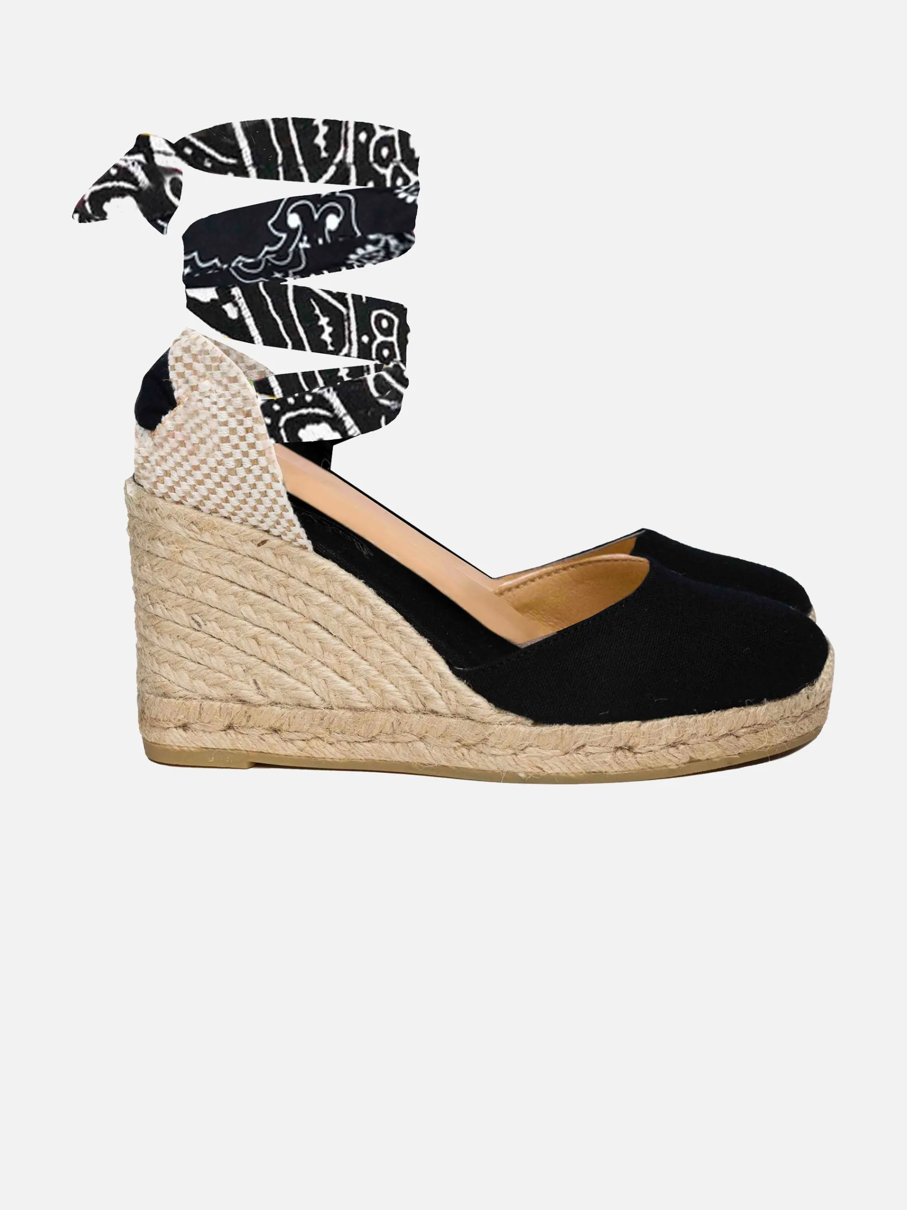 Espadrillas nere in tela stampata con zeppa alta e laccio alla caviglia