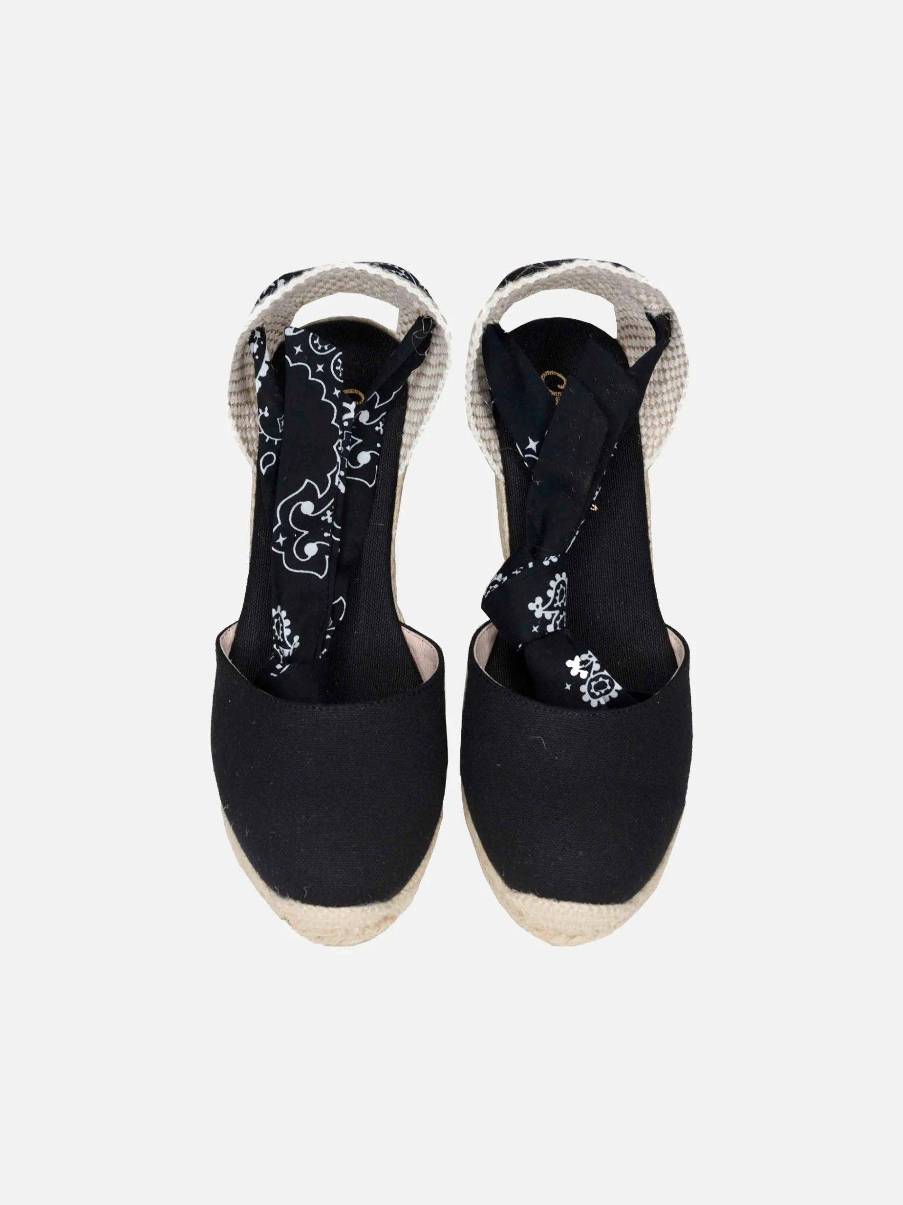 Espadrillas nere in tela stampata con zeppa alta e laccio alla caviglia