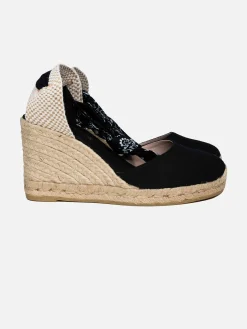 Espadrillas nere in tela stampata con zeppa alta e laccio alla caviglia
