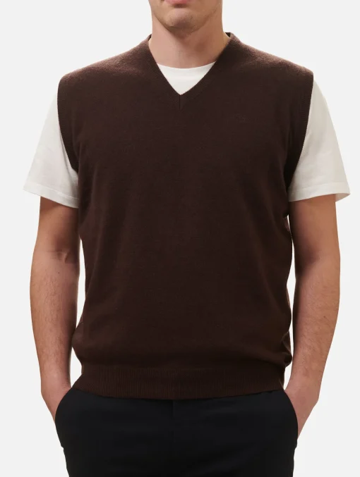 Gilet da uomo in misto cashmere marrone con scollo a V Russel