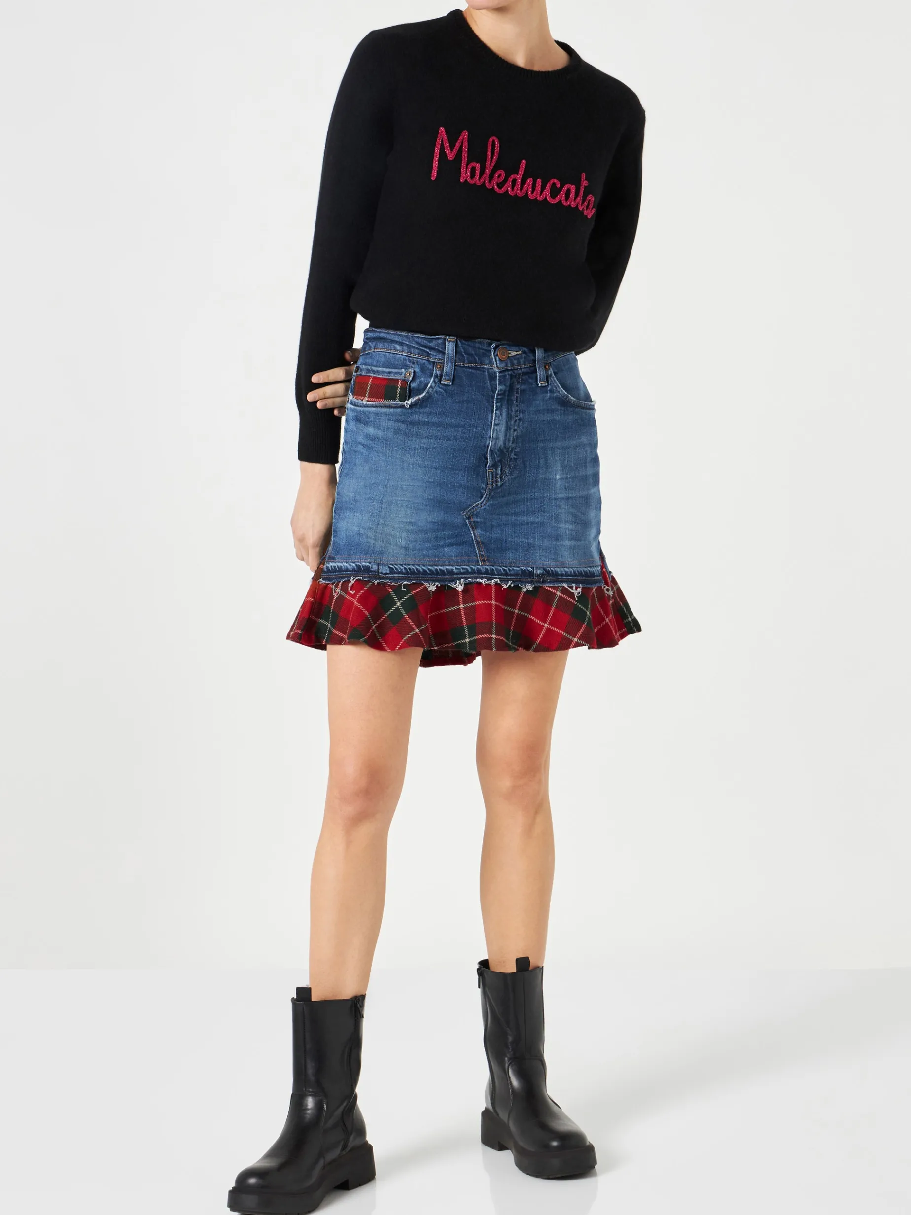 Gonna jeans vintage da donna con dettagli scozzesi