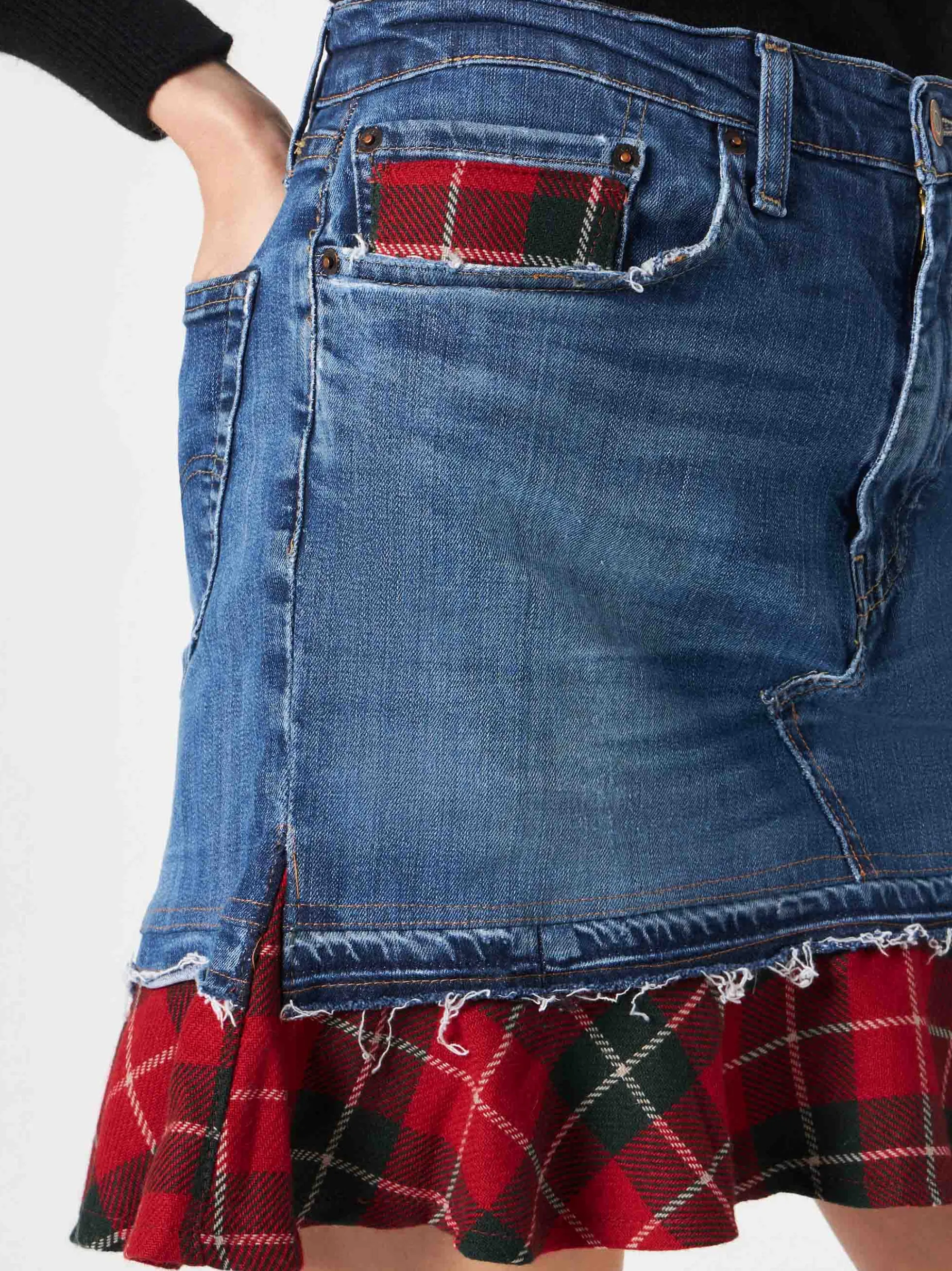 Gonna jeans vintage da donna con dettagli scozzesi