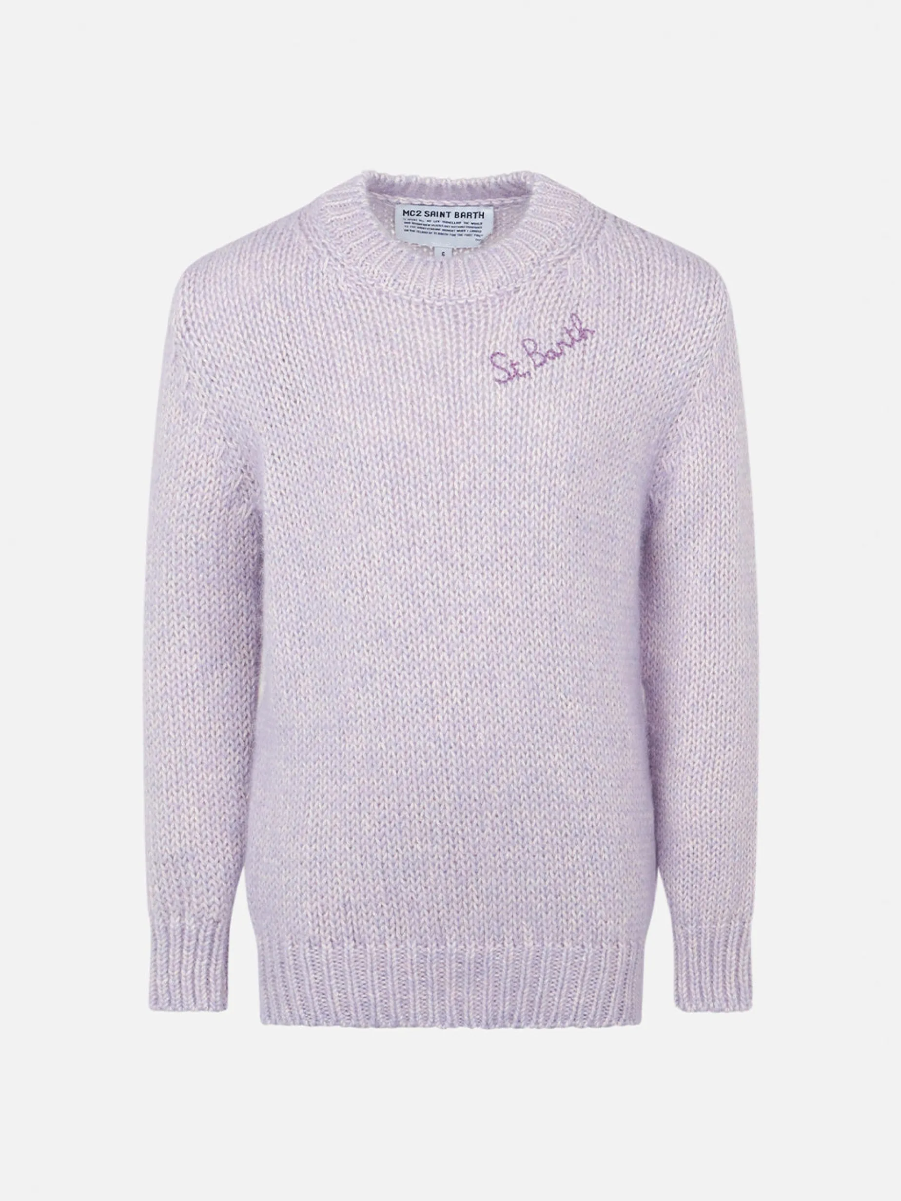 Maglia da bambina girocollo morbida lilla con ricamo St. Barth