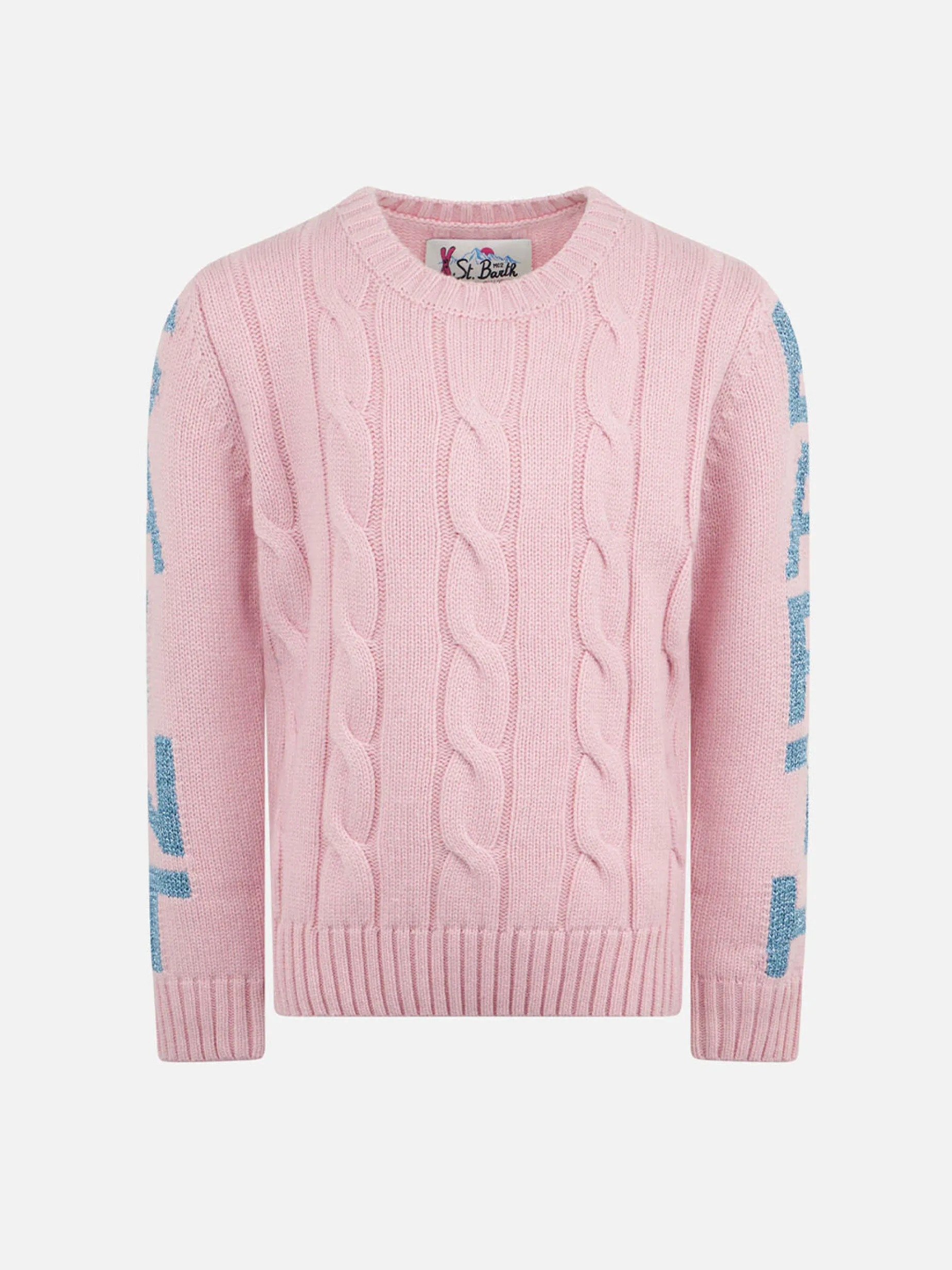 Maglia da bambina girocollo intrecciata con stampa Saint Barth in lurex