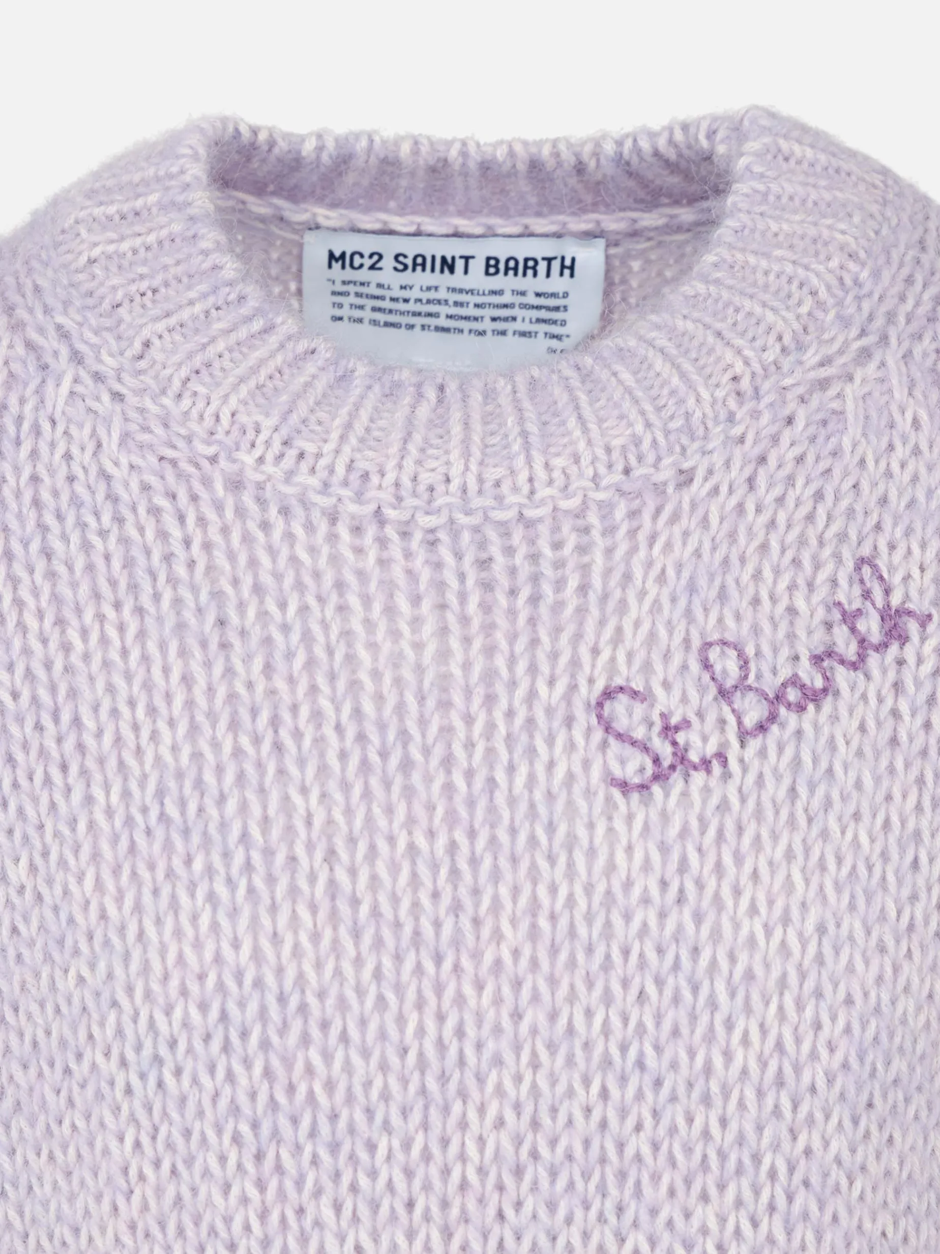 Maglia da bambina girocollo morbida lilla con ricamo St. Barth