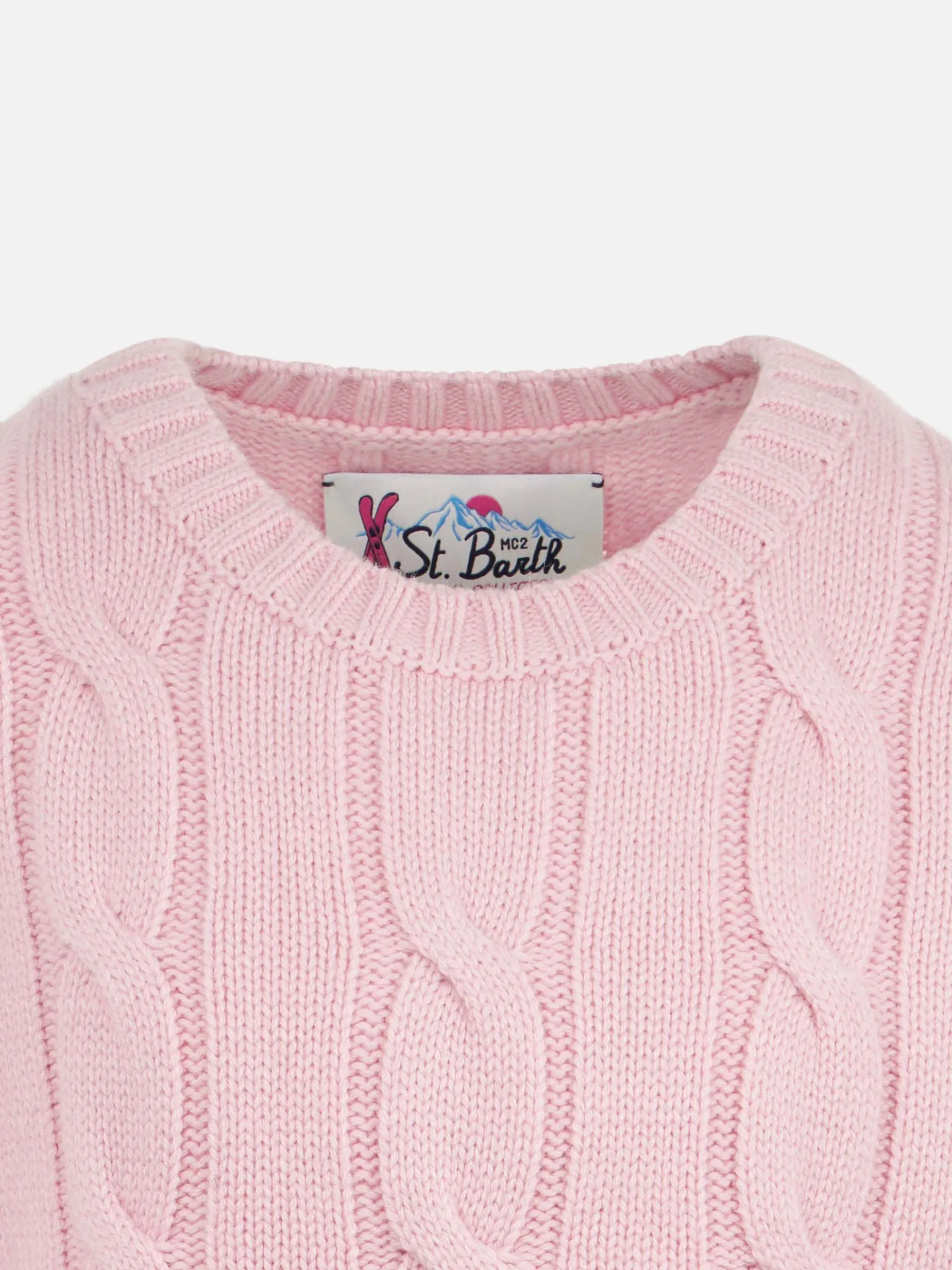 Maglia da bambina girocollo intrecciata con stampa Saint Barth in lurex