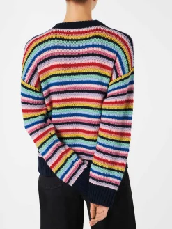 Maglia da donna all'uncinetto a righe multicolore